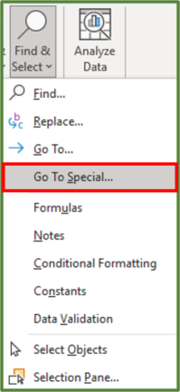 Screenshot showing the Go To Special... option highlighted.