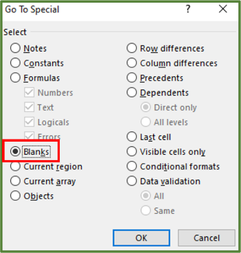 Screenshot showing the Go To Special Dialog Box with the Blanks option checked and highlighted.