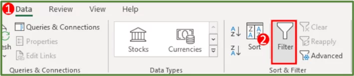 Screenshot showing the Filter option in the Sort & Filter Group on the Data Tab.