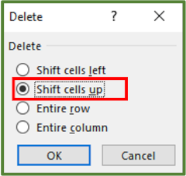Screenshot showing the Shift cells up option checked.