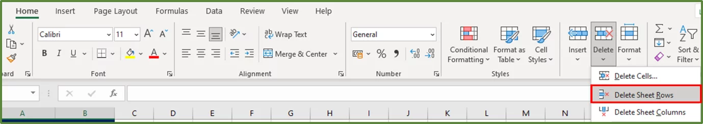 Screenshot showing the Delete Sheet Rows option highlighted.