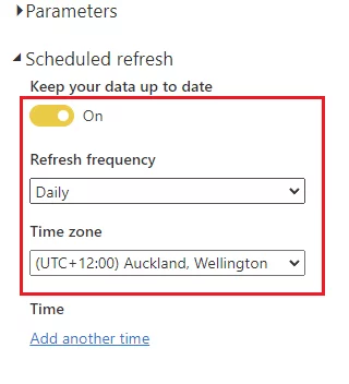 Expand the Schedule refresh button and schedule it to refresh at your desired time and frequency