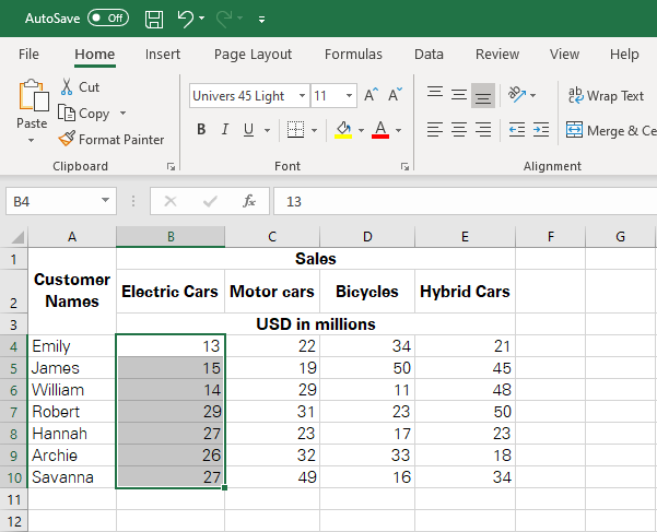 Selection of a single column that contains the data