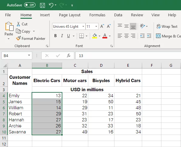 Selection of a single column that contains the data