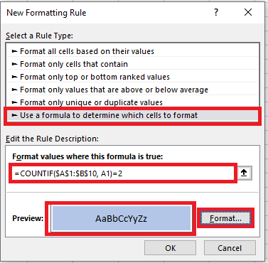 Specifying a COUNTIF function and setting up a formatting style