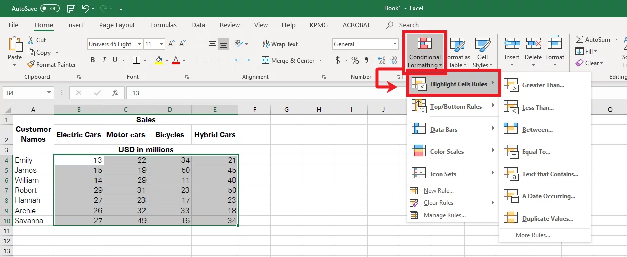 The conditional formatting dropdown menu