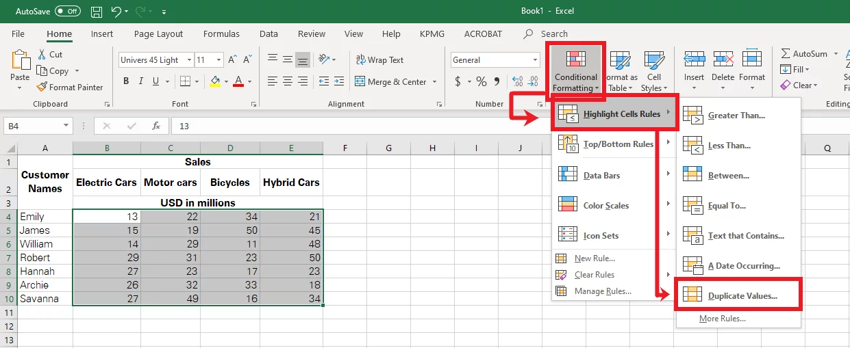 Highlight Duplicate Value function from the conditional formatting dropdown menu