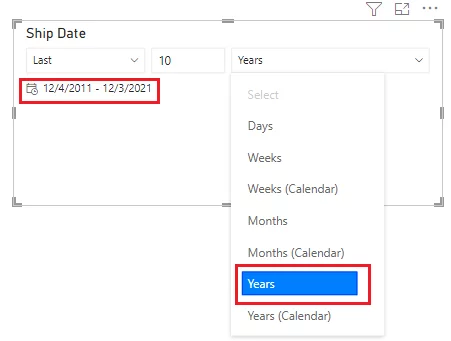 range for the relative date period will automatically appear on your slicer, as highlighted by the red box