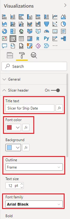 select the Slicer Header option and change the font colour, background, font size and outline of your slicer