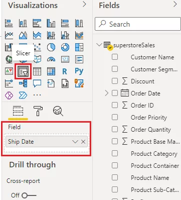 Drag and drop the Ship Date column to the Field option for the slicer