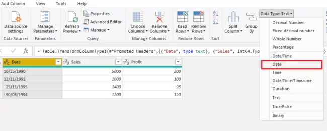 Click the Date column and select the Date option from the Date Type dropdown list