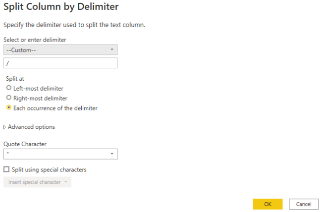 Select the custom delimiter option from the list of delimiters, enter forward-slash