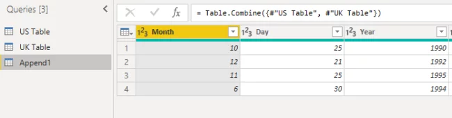 renamed the column headers for the originally split columns to Month, Day, and Year in this process.