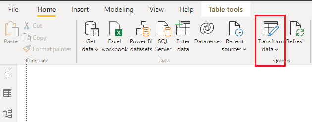 Select the Transform data option from the top menu ribbon to open the Power BI query editor