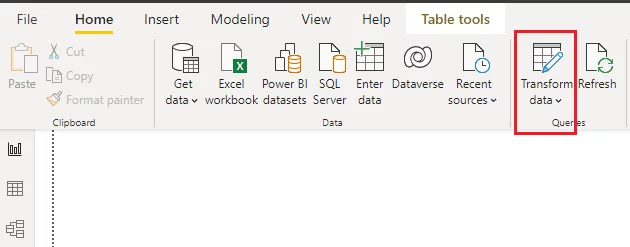 Select the Transform data option from the top menu ribbon to open the Power BI query editor