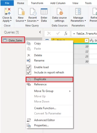 Click on the Date_Sales table and create a duplicate