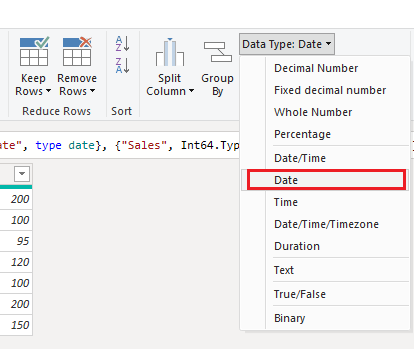 From the dropdown list, select Date to change the type of your column from text to date