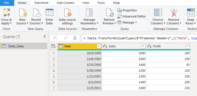 the type of the Date column is the date as shown by the calendar icon in the header of the Date column.