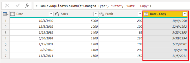 A duplicate column called Date - Copy will be generated