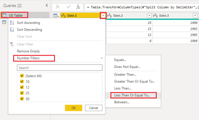 select the option Number Filters -> Less Than or Equal To