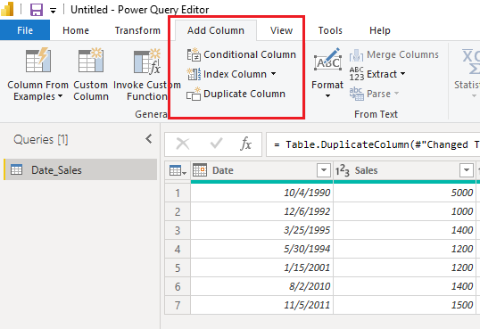 click the Add Column option from the top menu ribbon, and click the Duplicate Column option