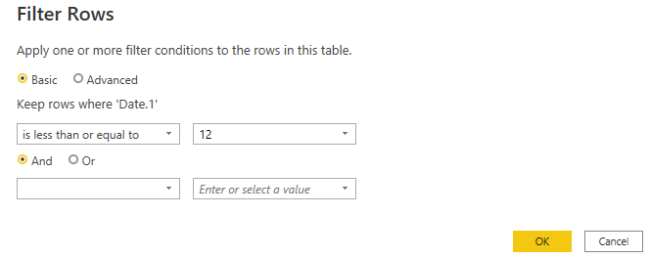 Enter 12 as the value for the text field next to Keep rows where Date.1 is less than or equal to the option
