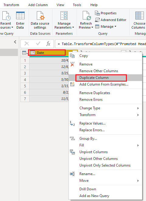 Select the Date column, right-click, and select the option Duplicate column from the dropdown list
