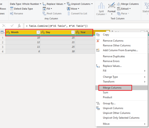 Select the three columns using Ctrl + Click, and then select the Merge Columns option from the dropdown list