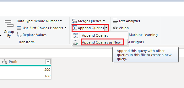 From the top menu ribbon, select the Append Queries -> Append Queries as New option