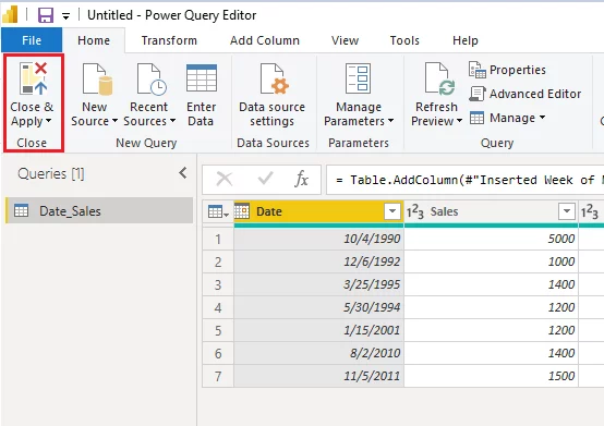 click the Close & Apply button from the top menu ribbon