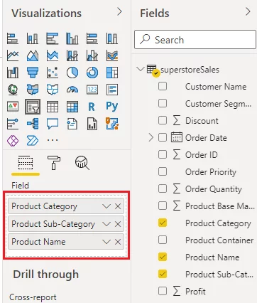 drag and drop the Product Name column under the Fields option