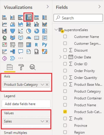 drag and drop the Sales column to the Values field of your clustered column chart
