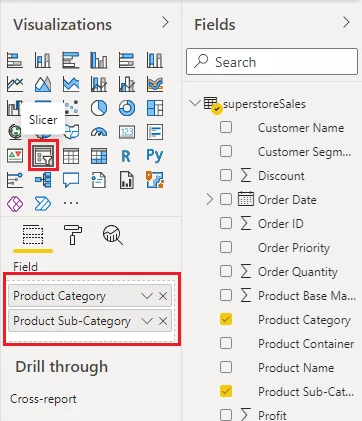 Click the icon for the Slicer visualisation from the Visualizations pane