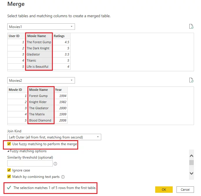 screenshot, where the Movies1 and title and genres tables are being merged. 