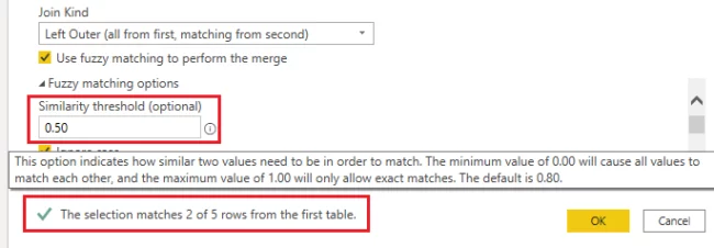 entering a value in the Similarity threshold textbox