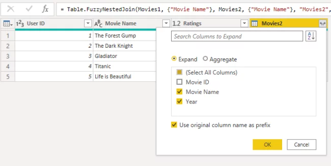 Expand the Movies2 column and select the Movie Name and Year columns