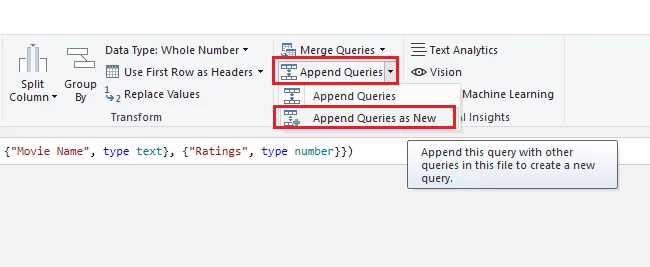 select the Append Queries dropdown and click the Append Queries as New option.