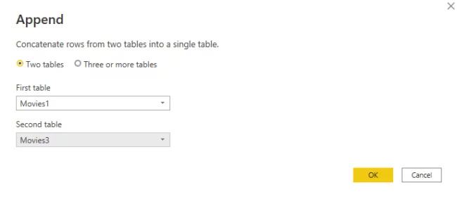 Select the Movies2 table in the Second table drop-down list and click OK