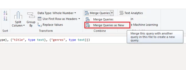 Select the Merge Queries drop-down list from the ribbon, and then select Merge Queries as New option