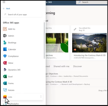 select the Lists app from the given options