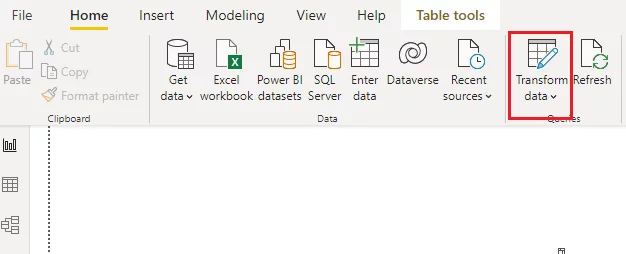 Click the Transform data option in the ribbon