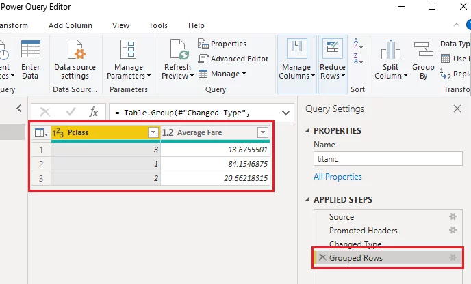 Shows the steps that you applied in the Power Query editor.