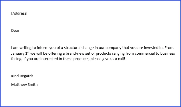 Our inital letter showing blank fields to be filled with contact details