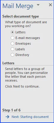 Step 1 of mail merge wizard highlighting letters option