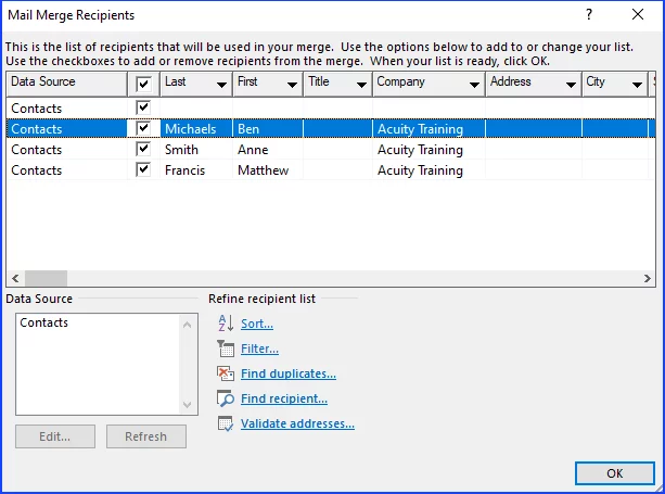 Dialog box for selecting contacts for the mail merge