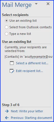 Step 3 of mail merge wizard for contacts section
