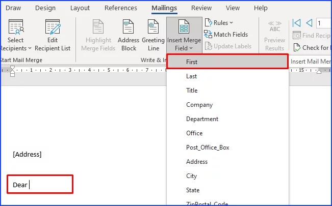 Highlights where to make a merge field to put data from contacts to word