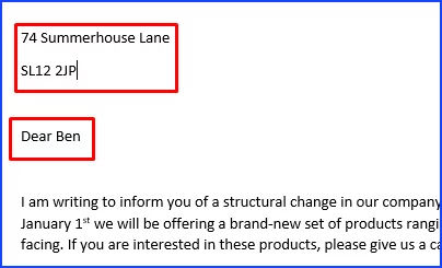 Shows our new text with the address and name put in with mail merge