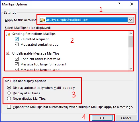 MailTips options dialog box with key sections highlighted