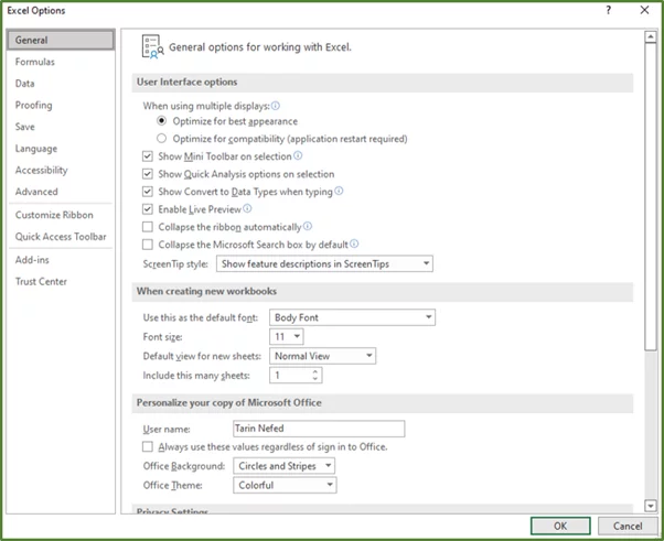 Screenshot showing the Excel Options Window.